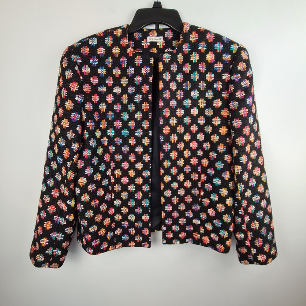 Ann May Womens 100% Woven Silk Rainbow Geometric Open Front Blazer Jacket 12 Vtg